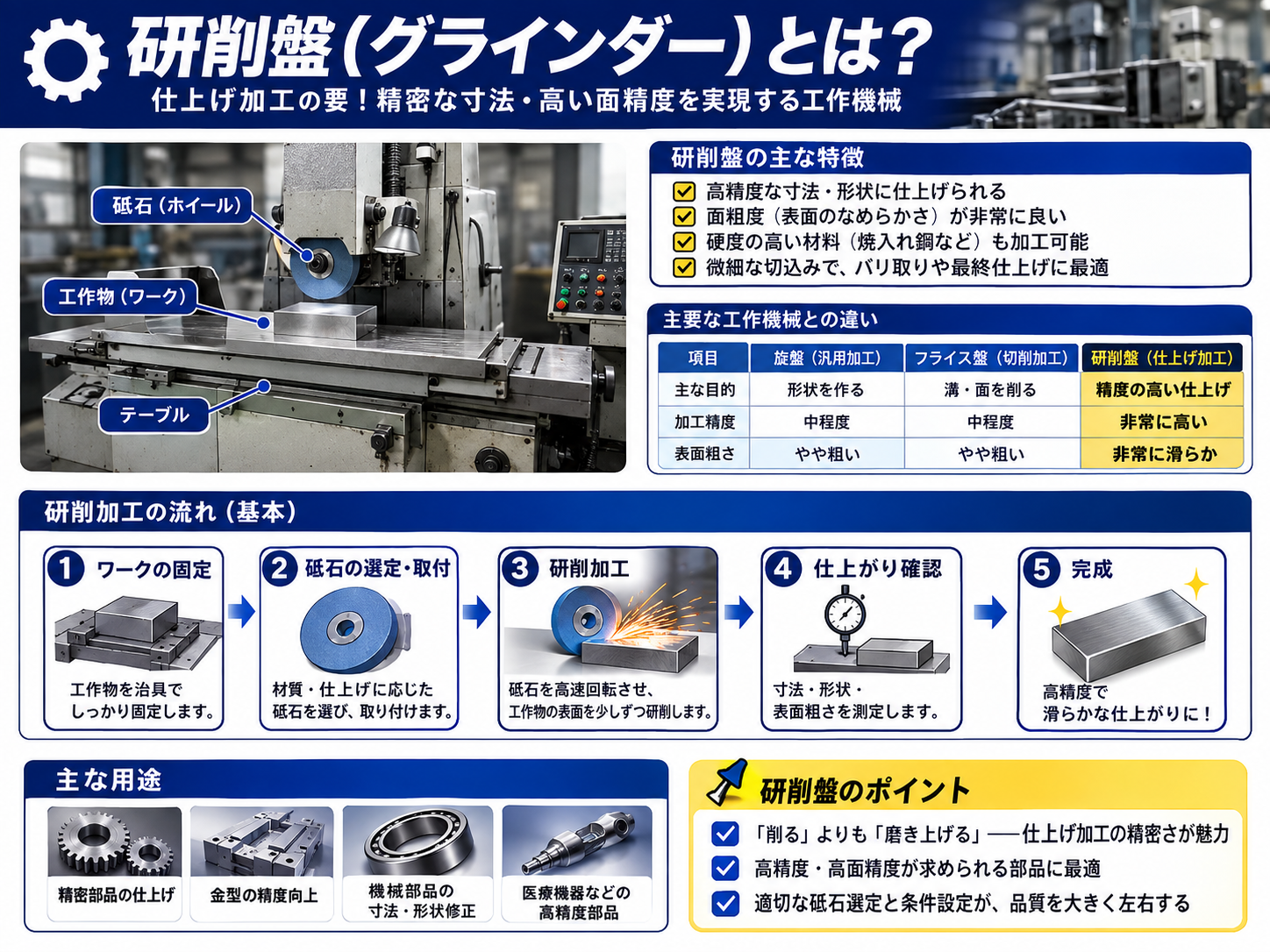 研削盤の構造・研削加工の流れ・主要な工作機械との違いを図解