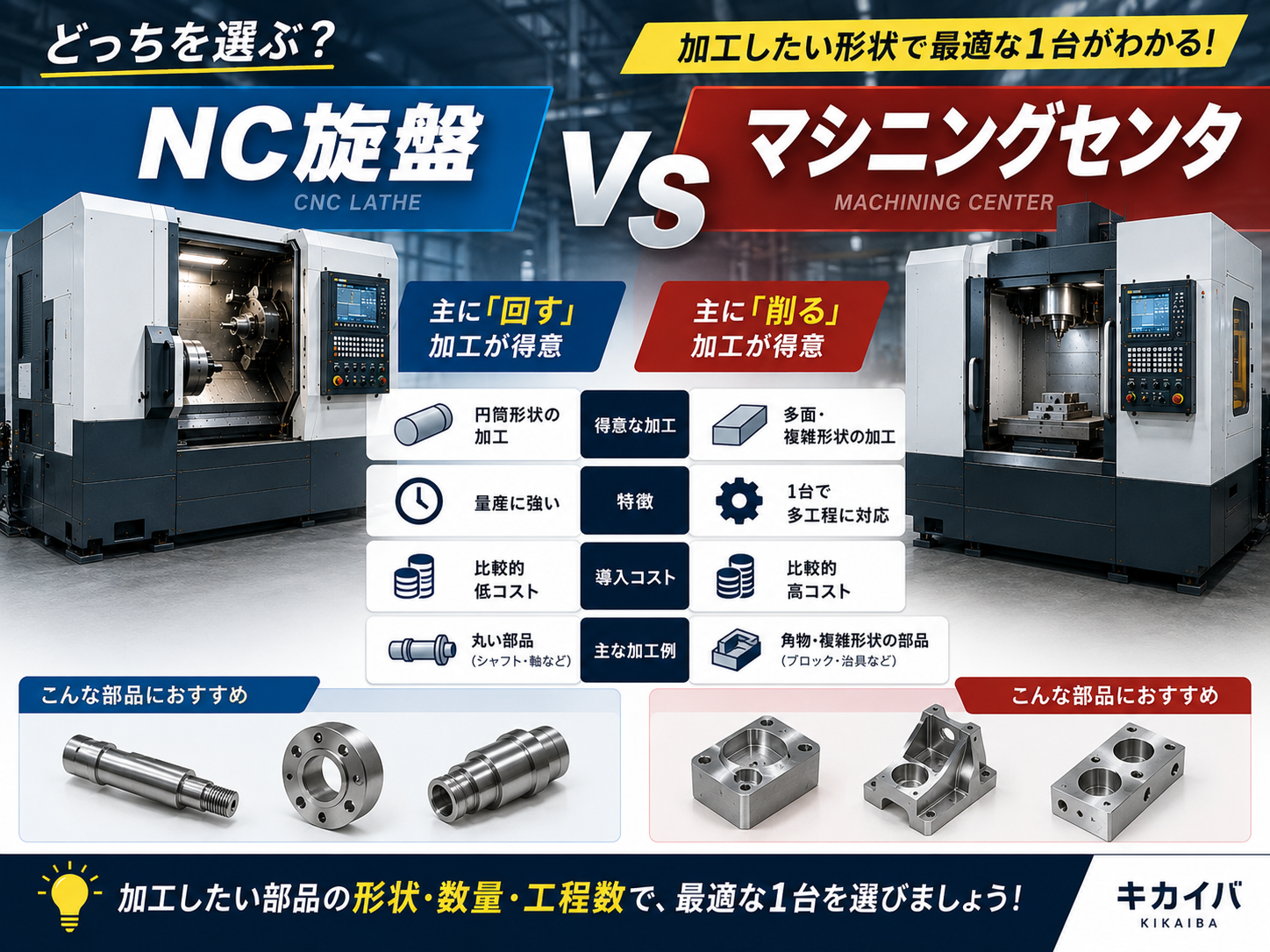 NC旋盤とマシニングセンタの違いを比較した図解:得意な加工・特徴・導入コスト・主な加工例と、それぞれにおすすめの部品形状