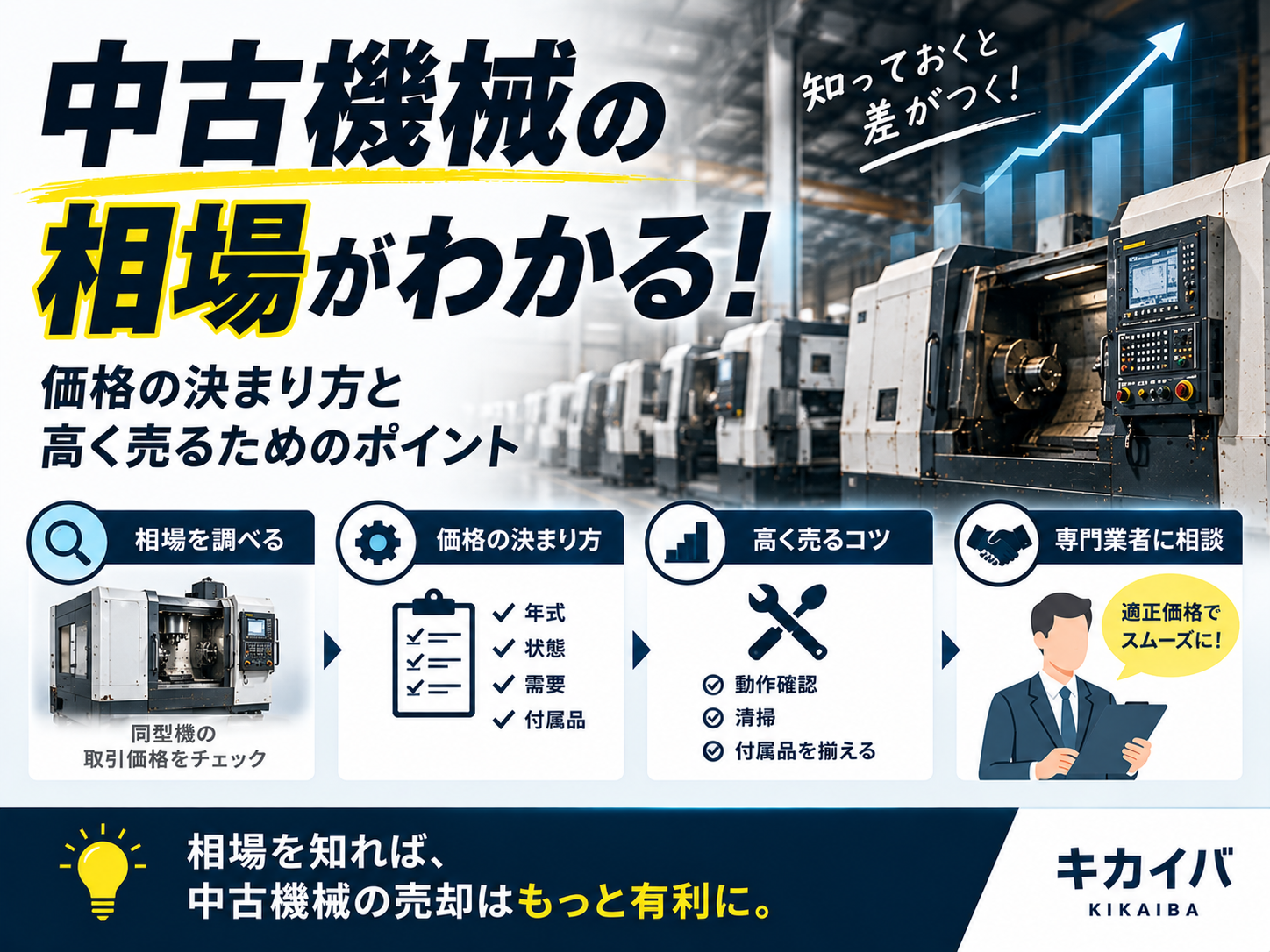 中古機械の相場を調べて高く売るための4ステップ(相場を調べる・価格の決まり方・高く売るコツ・専門業者に相談)を図解
