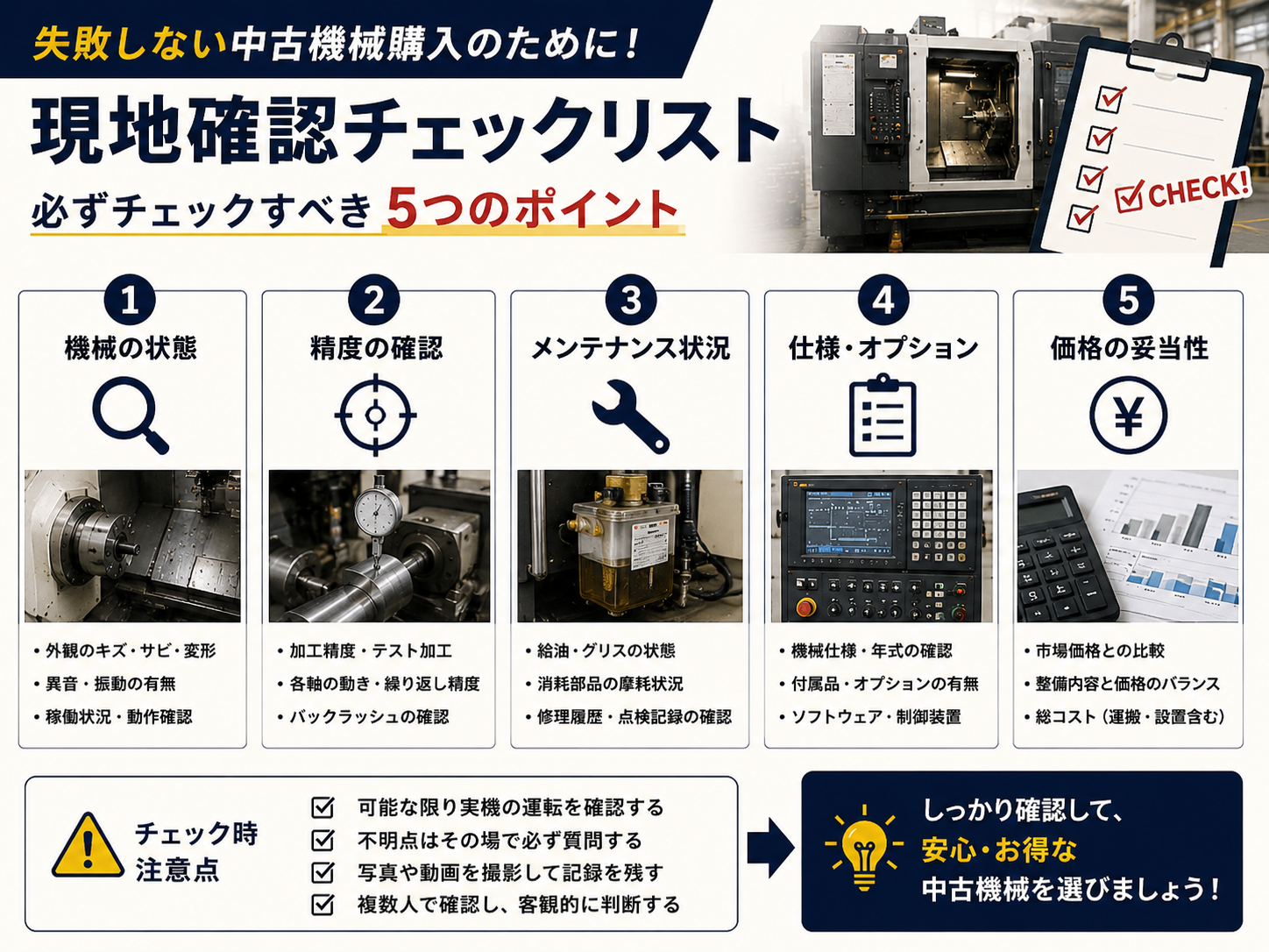 中古機械の現地確認チェックリスト:機械の状態・精度の確認・メンテナンス状況・仕様オプション・価格の妥当性という5つのチェックポイントとチェック時の注意点を図解