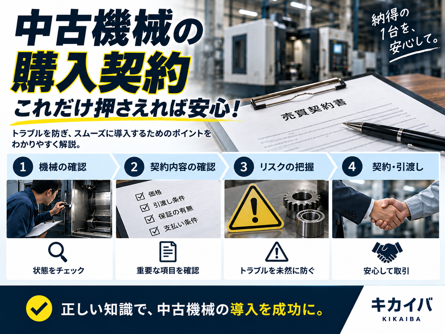 中古機械購入契約の流れ:機械の確認・契約内容の確認・リスクの把握・契約引渡しという4ステップと、それぞれで確認すべきポイントを図解