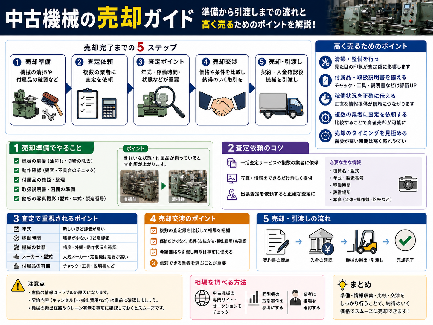中古機械売却の5ステップ(売却準備・査定依頼・査定ポイント・売却交渉・引渡し)と高く売るためのポイントを図解